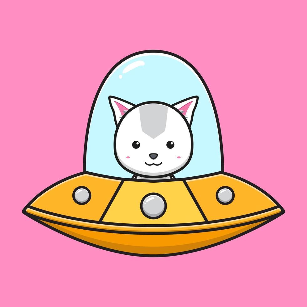 Cat driving ufo cartoon icon vector illustration