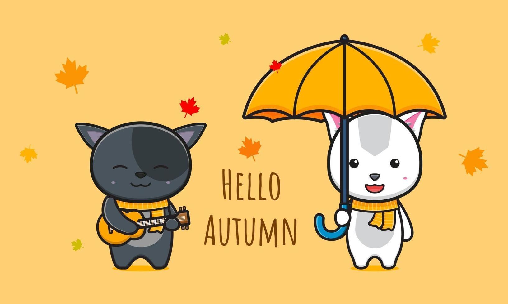 Cat saying hello autumn  card cartoon icon vector illustration