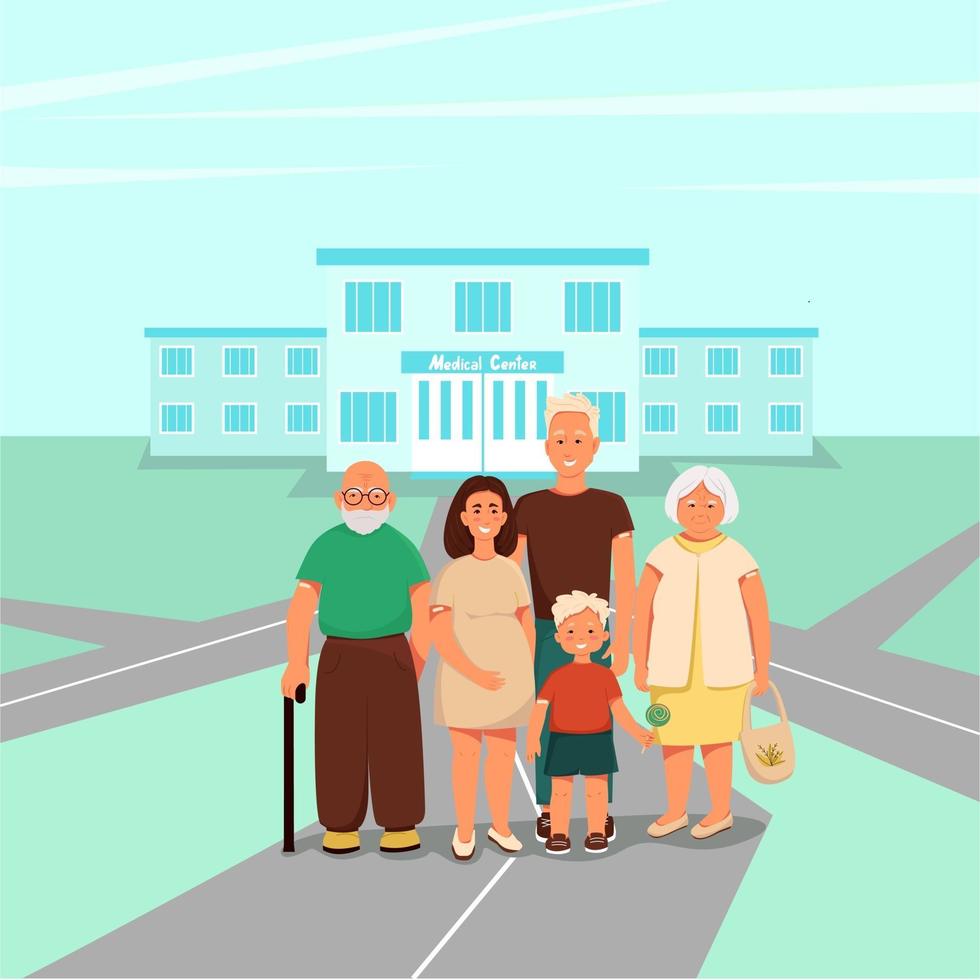Vaccinated family are standing near the medical center illustration vector