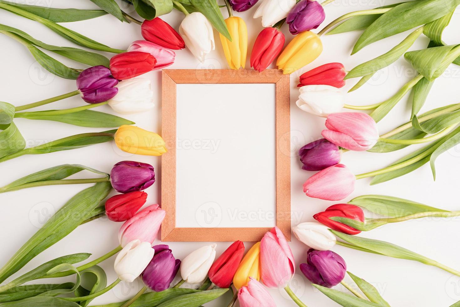 Wooden frame with colorful spring tulips photo