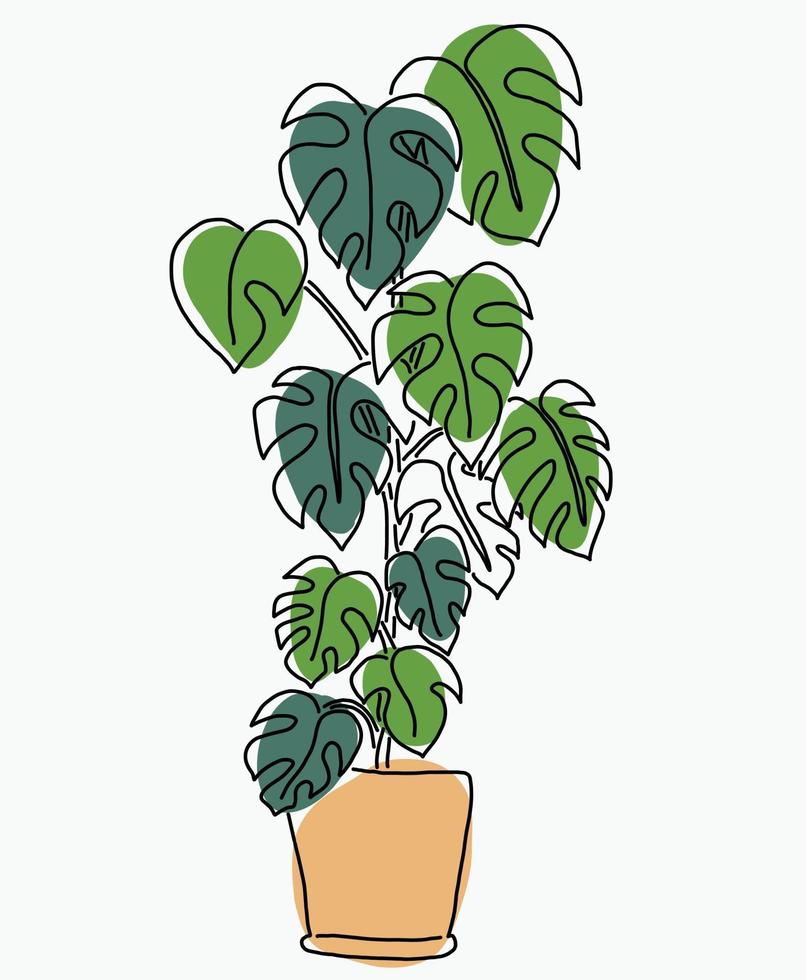 simplicidad planta monstera dibujo lineal continuo a mano alzada vector