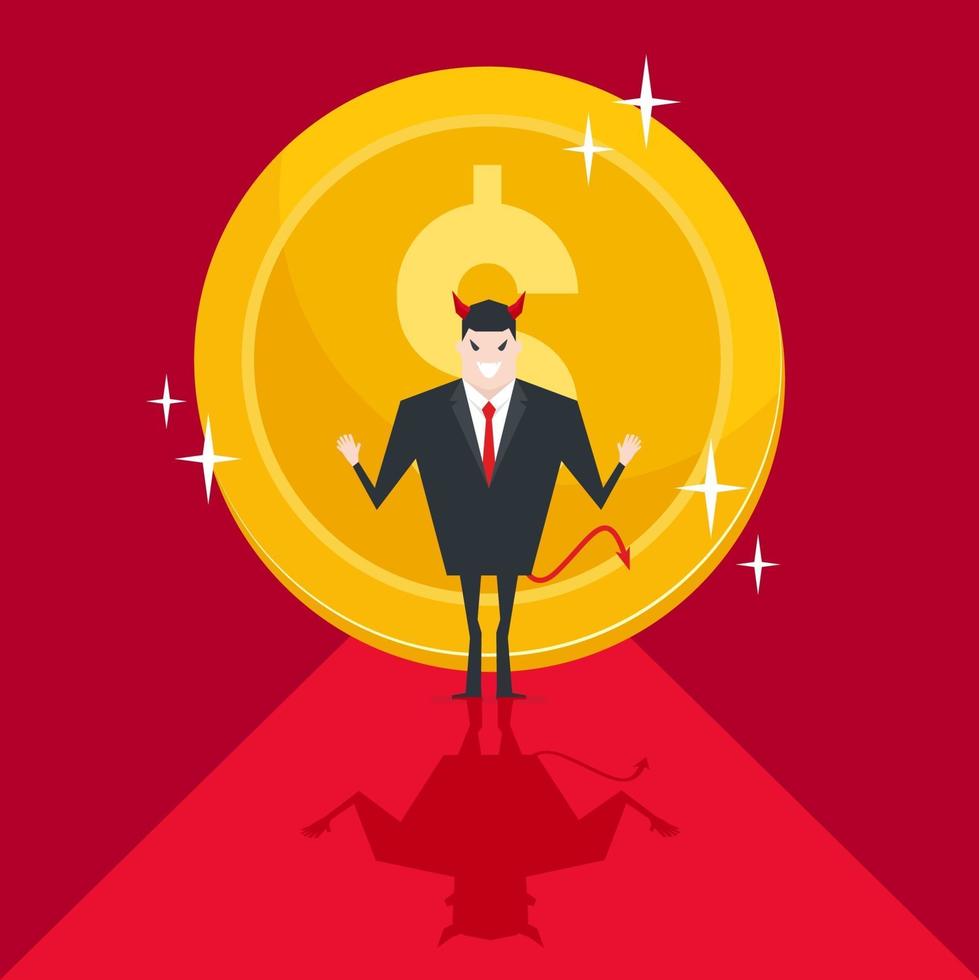 Devil businessmen succeed with large gold coin or money behind. vector