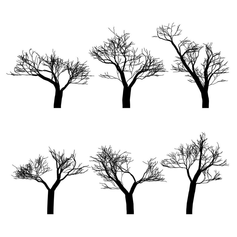 Set of black naked trees silhouette set. Hand drawn isolated. vector