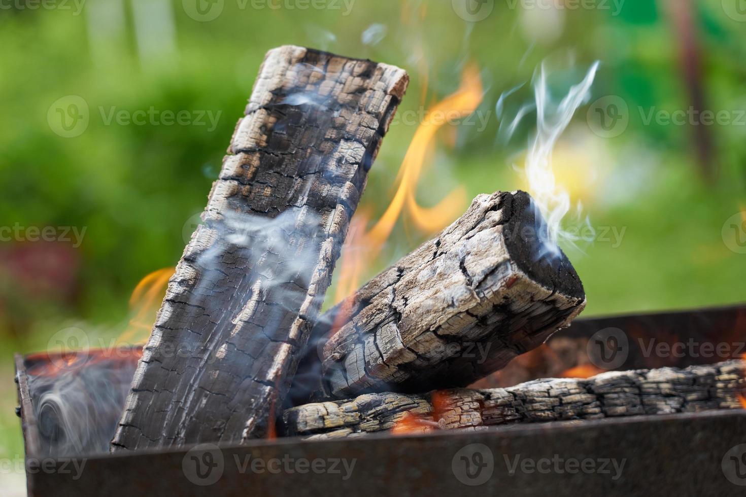 Quema de leña en una parrilla en la naturaleza. foto