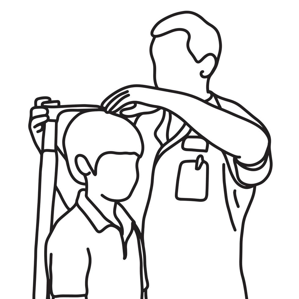 male doctor measuring the current height of his young male patient vector