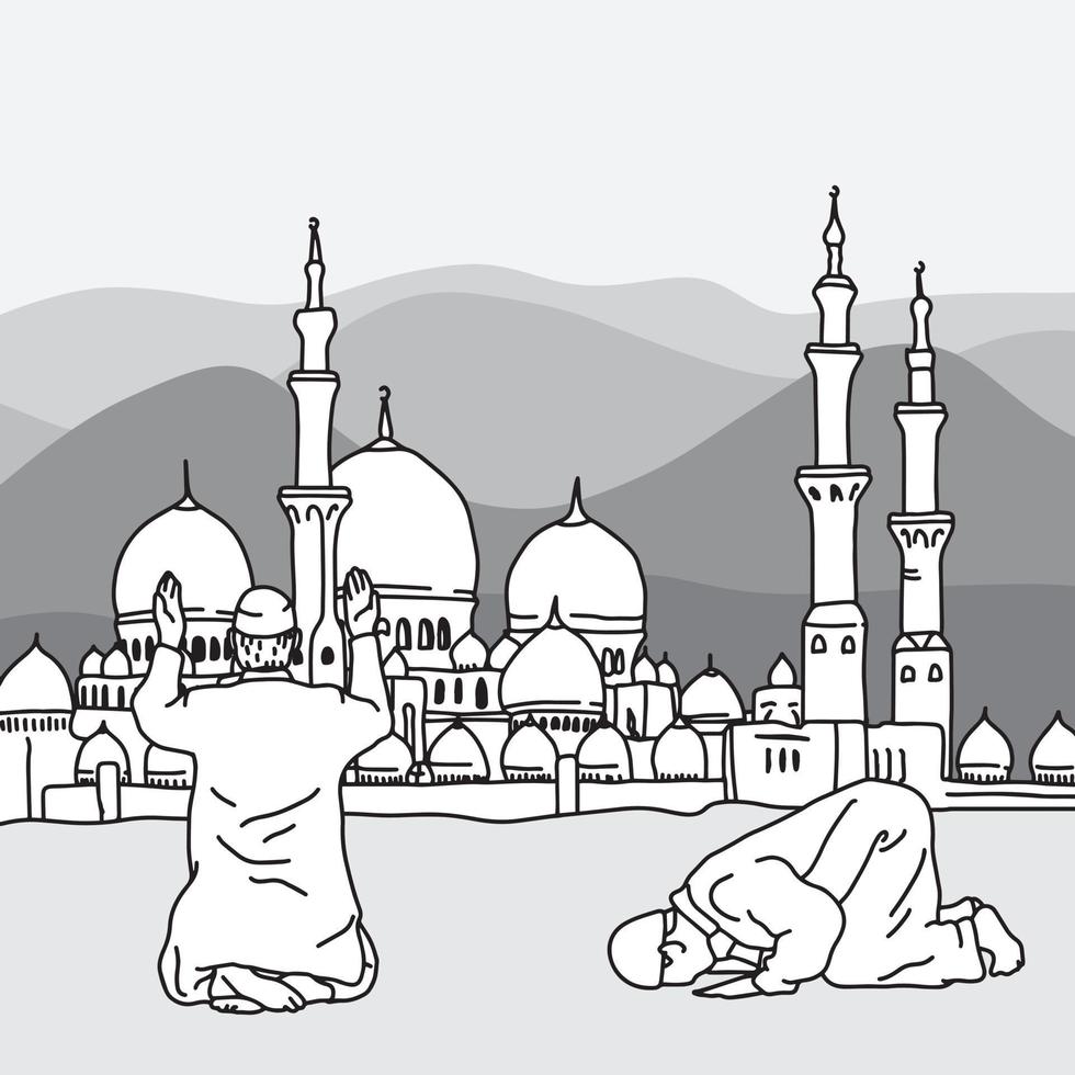 Muslim Doing Salah at the background of a mosque vector