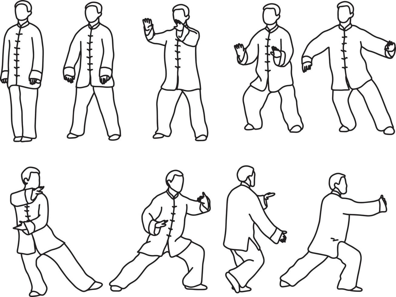 nueve formas de tai-chi. los hombres visten ropa tradicional china vector