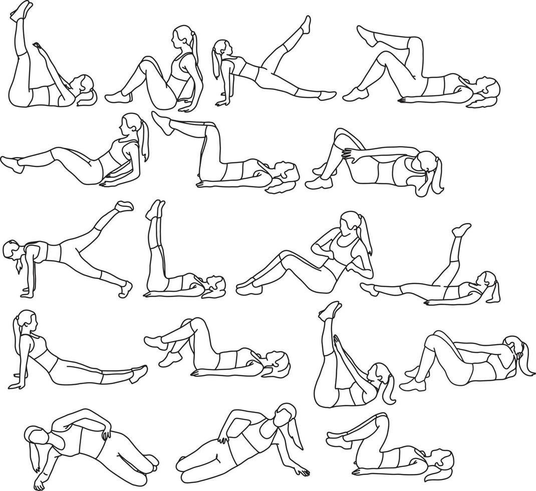 Establecer mujer haciendo ejercicios abdominales sobre colchoneta en el gimnasio vector