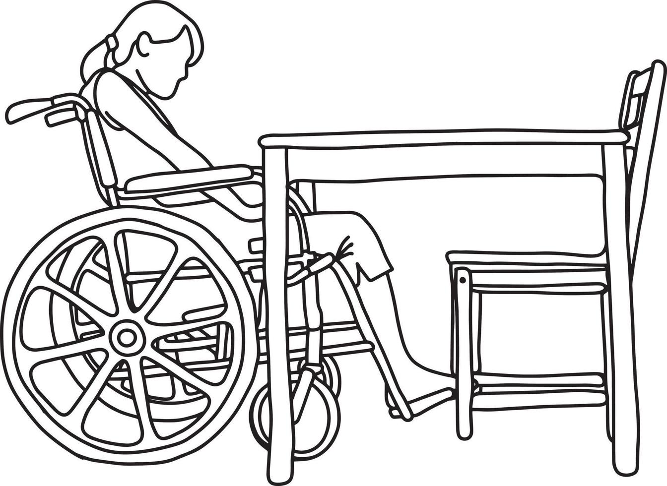 Woman in wheelchair in front of empty table vector