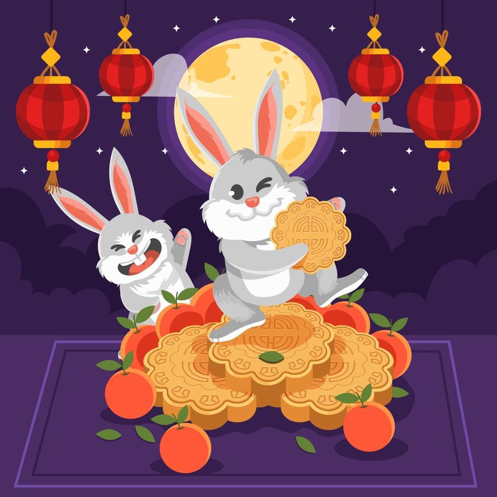 Enjoying Tasty Mooncake in Midautumn Festival vector