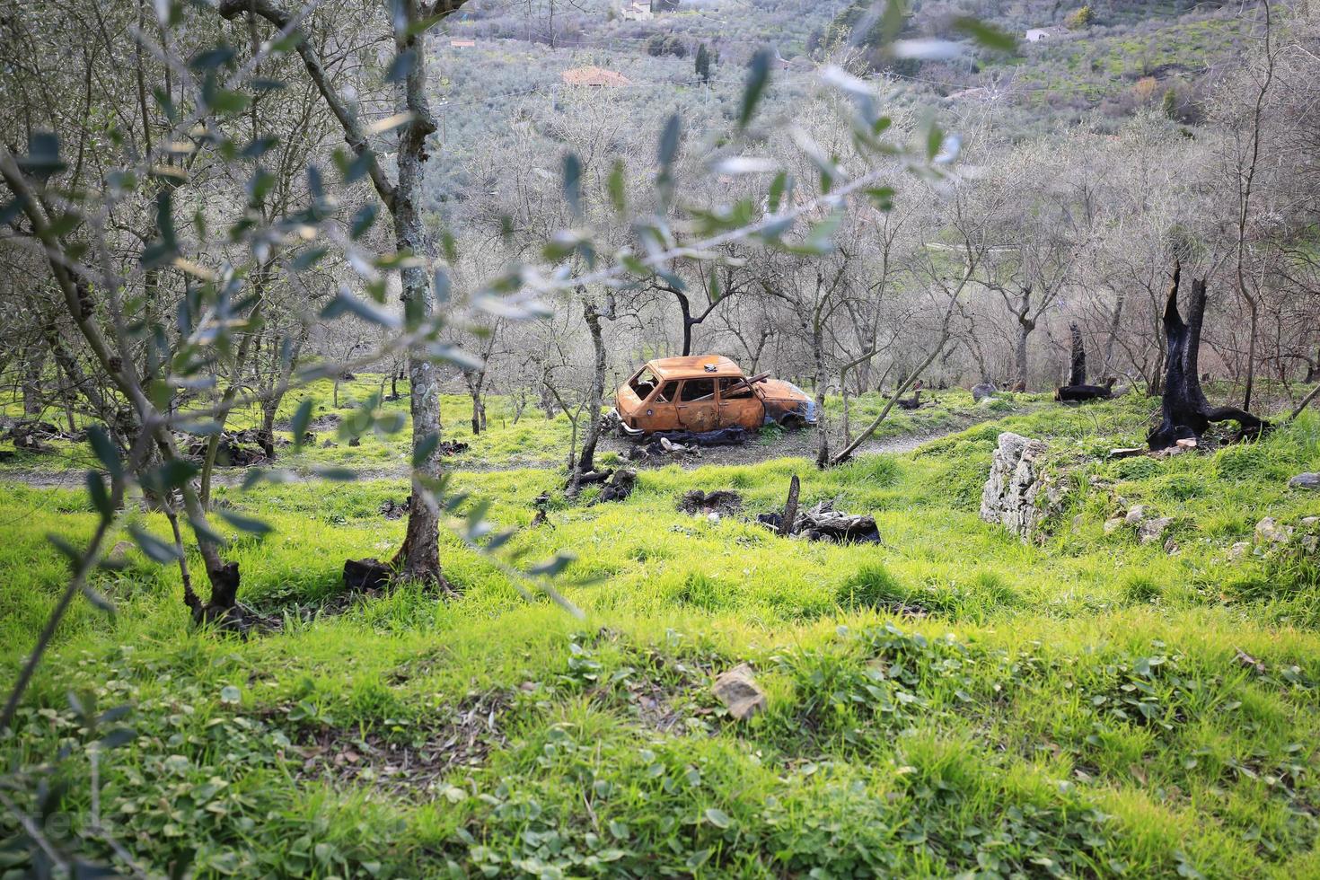 paisaje natural con coche abandonado. foto