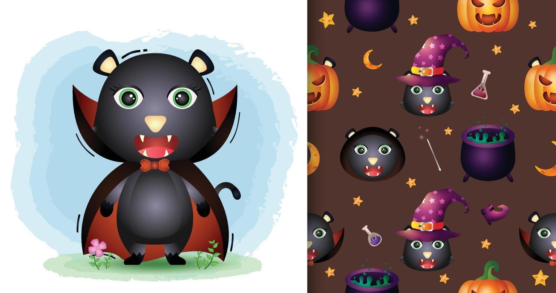 Un lindo gato negro con disfraz de Drácula patrón sin costuras de halloween vector