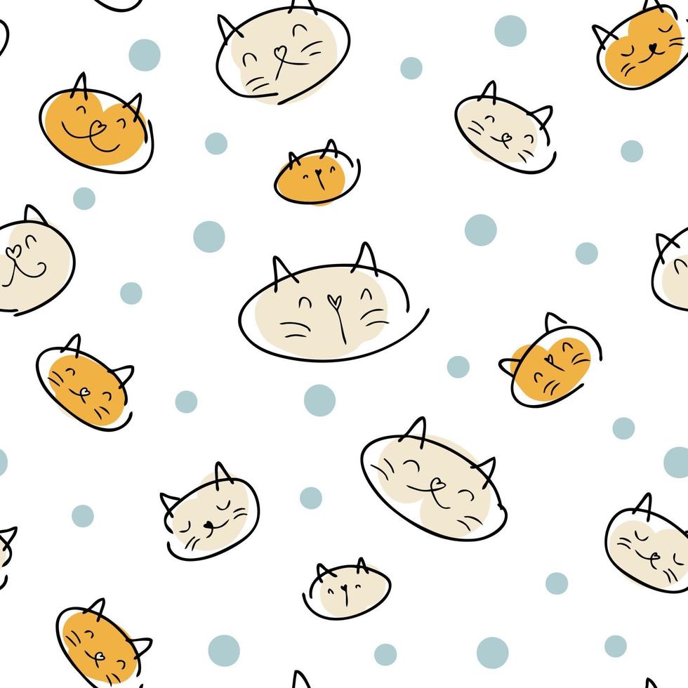 Doodle style vector seamless pattern of cat muzzles and drops