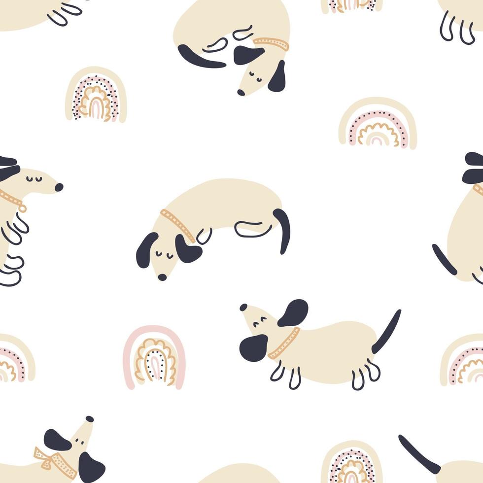 Pastel colored vector seamless pattern of dachshunds and rainbows