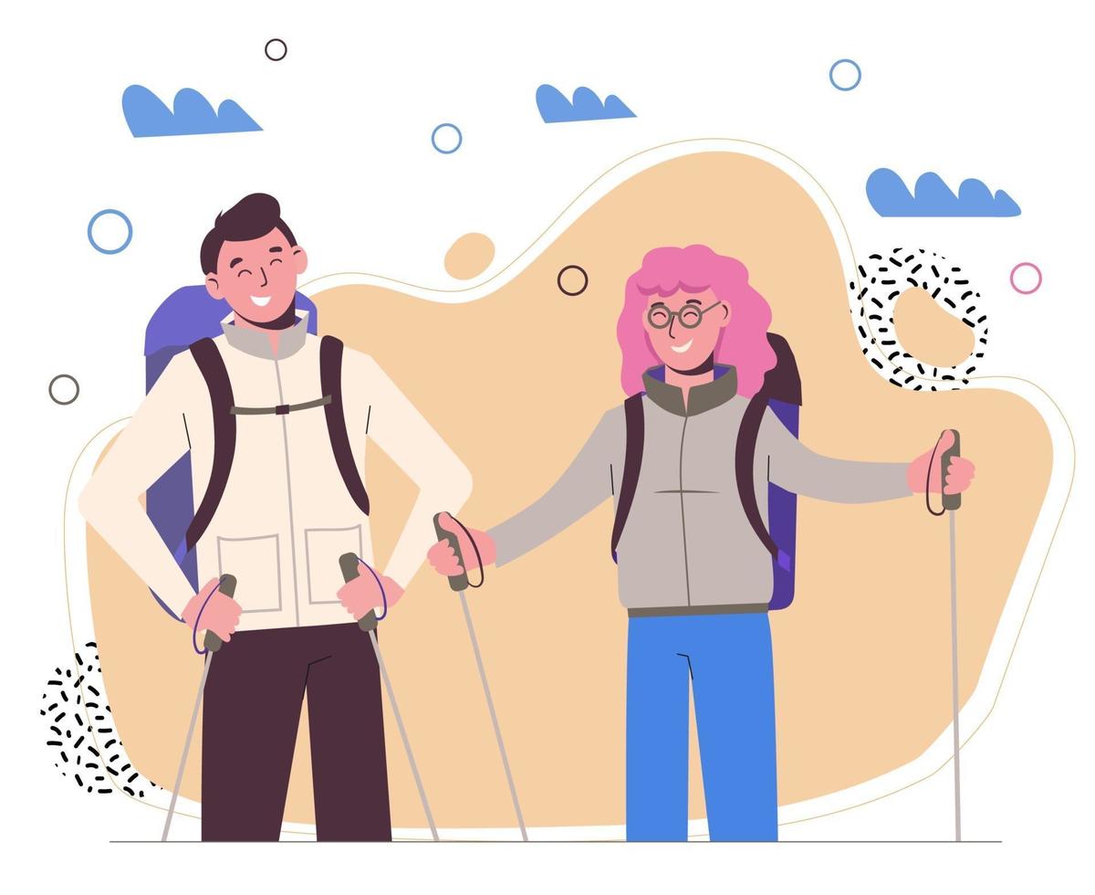 Girl with a guy travel with backpacks. Travelers outdoor. Adventures. vector