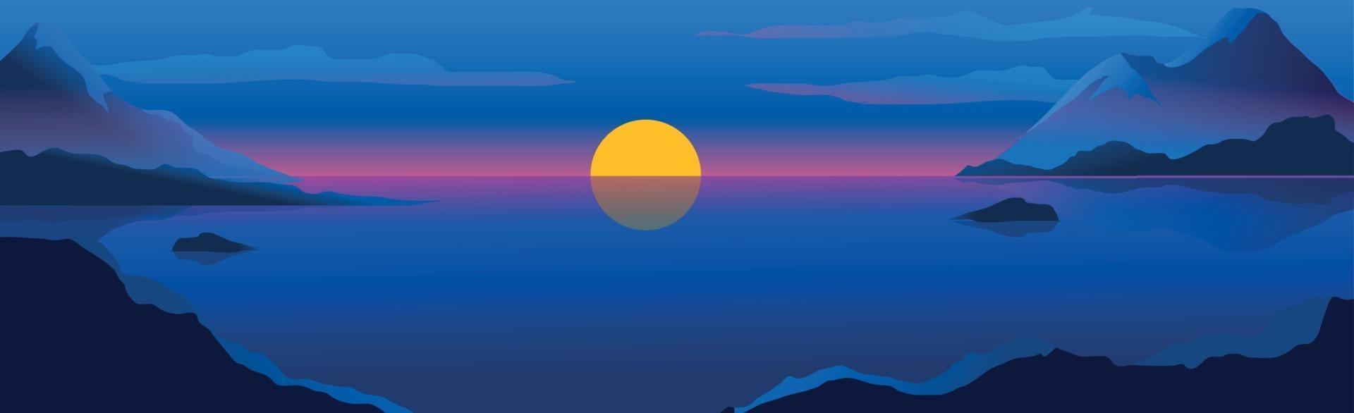 Mountain landscape, shining moon over night mountain lake - Vector