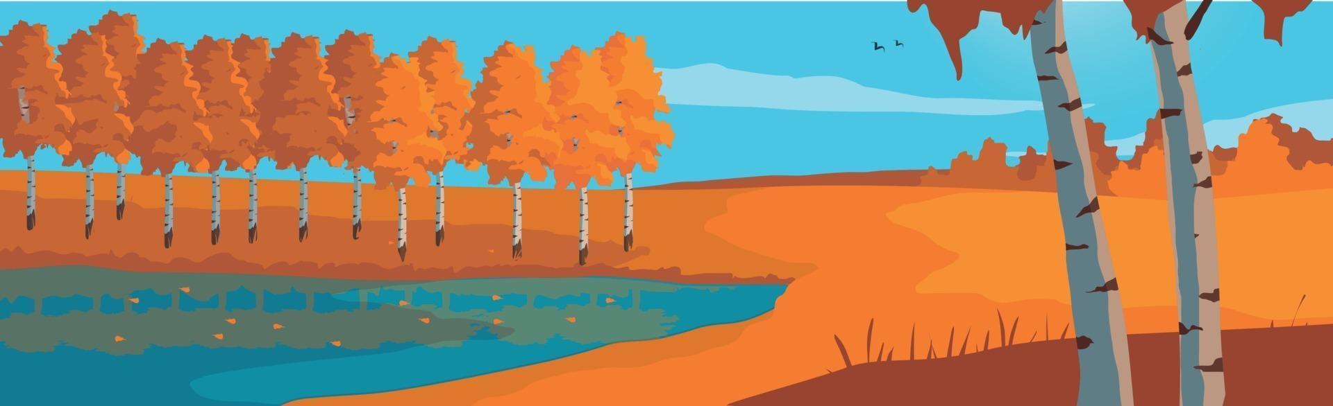 Panoramic landscape autumn birch grove and blue lake - Vector