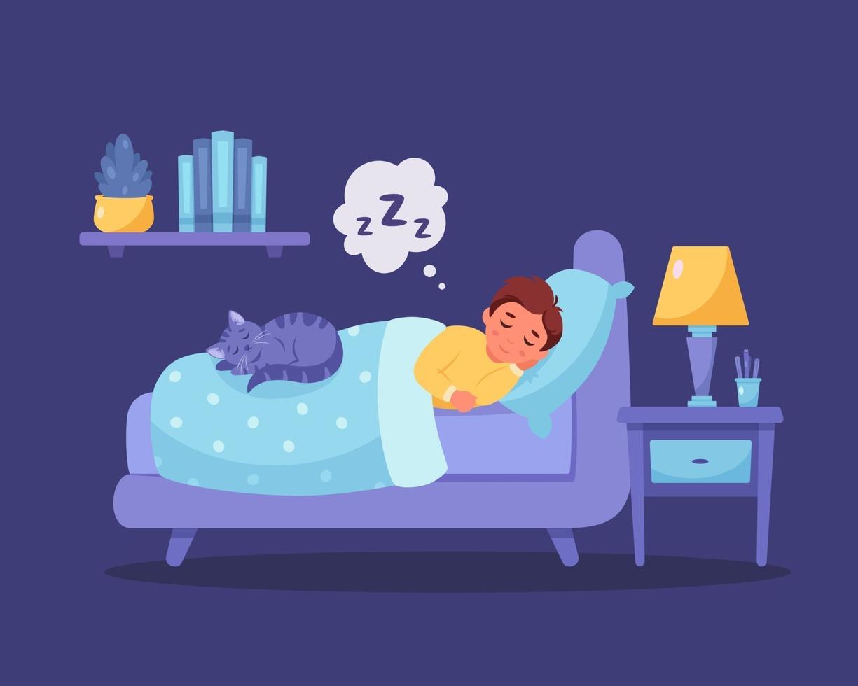 niño durmiendo en el dormitorio con gato. sueño saludable vector