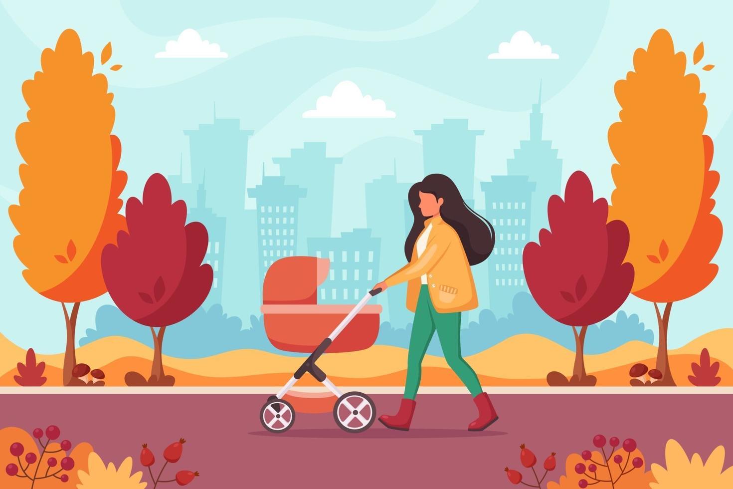 Woman walking with baby carriage in autumn park. Outdoor activity. vector