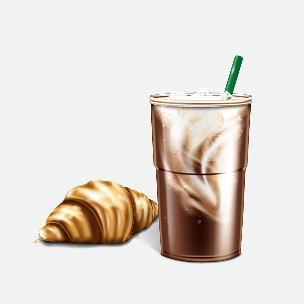 Croissant with coffee latte cup on isolated white background. vector