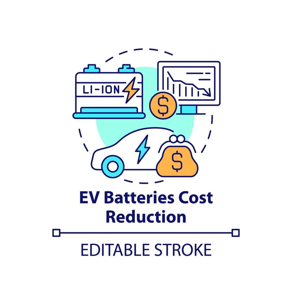 Baterías de vehículos eléctricos icono de concepto de reducción de costos. vector