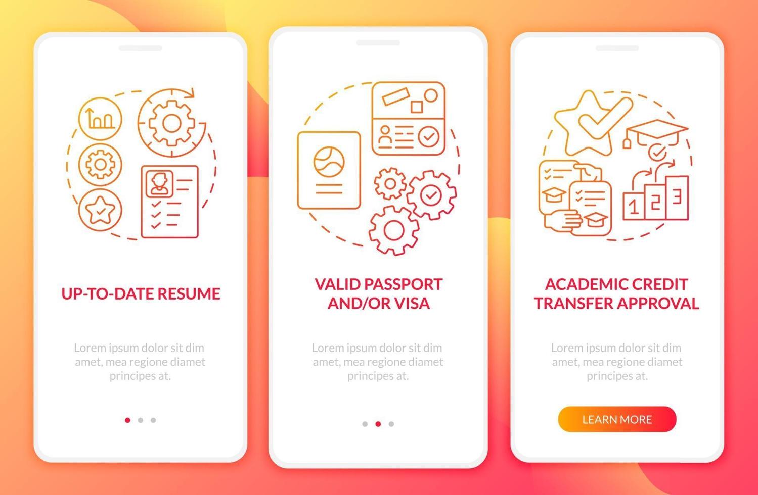 Traineeship abroad must-haves onboarding mobile app page screen vector