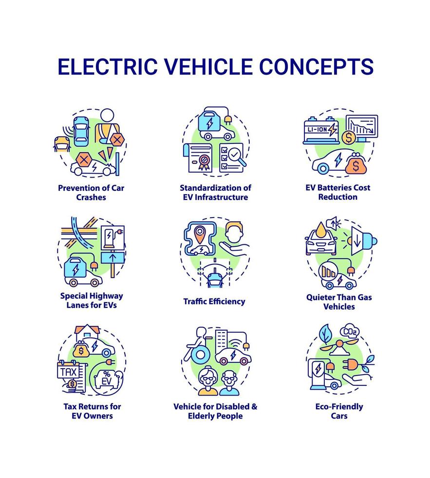 Conjunto de iconos de concepto redondo de vehículo eléctrico. vector