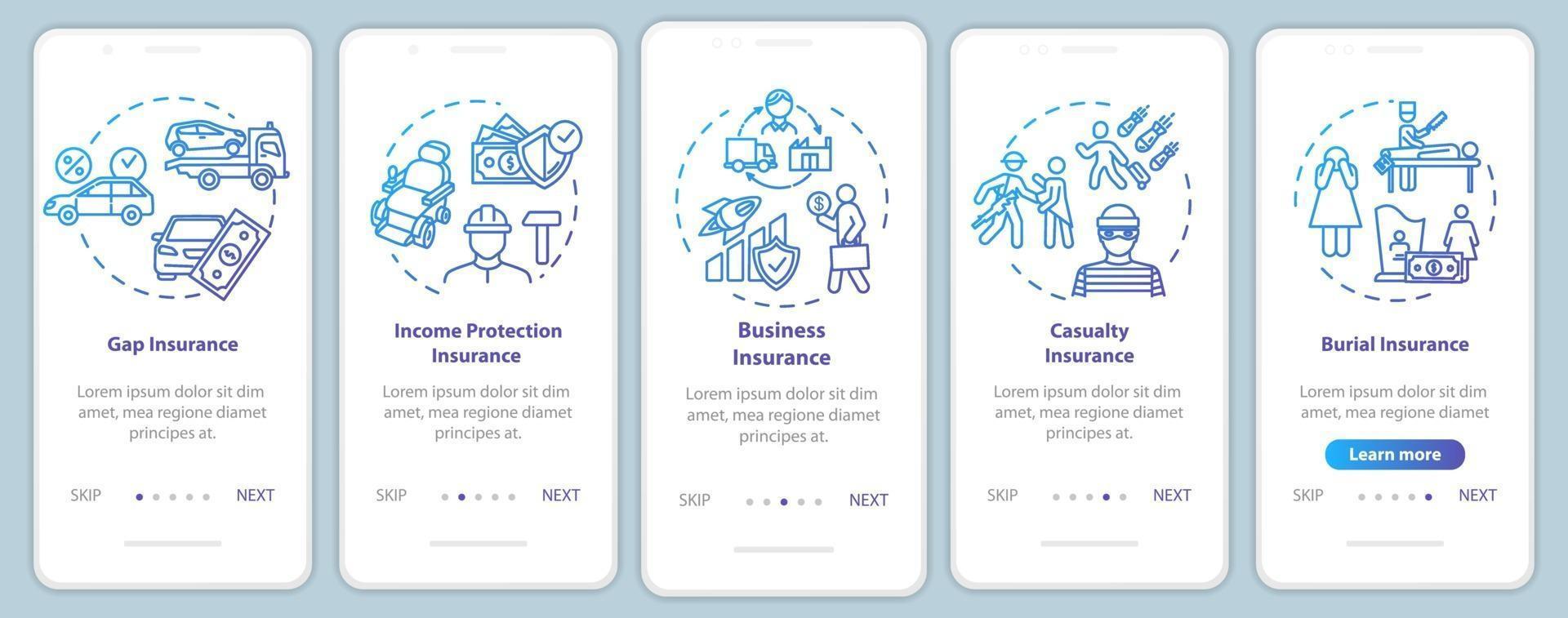 Business protection onboarding mobile app page screen with concepts vector