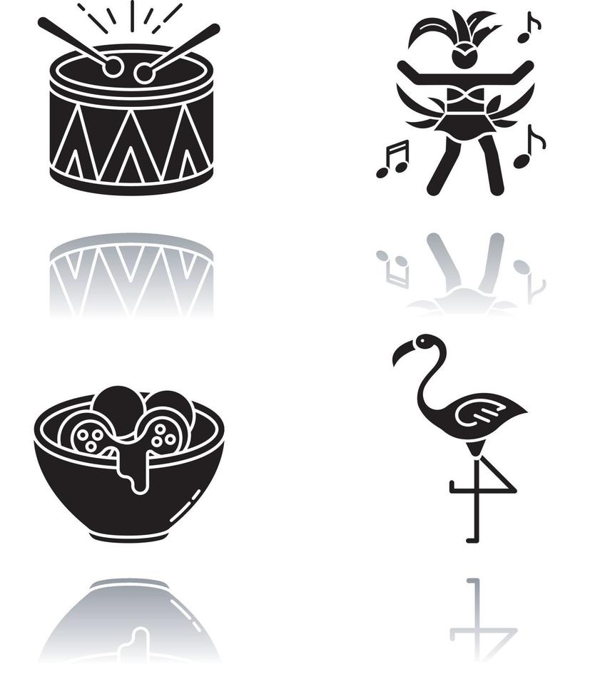 Brazilian carnival drop shadow black glyph icons set vector