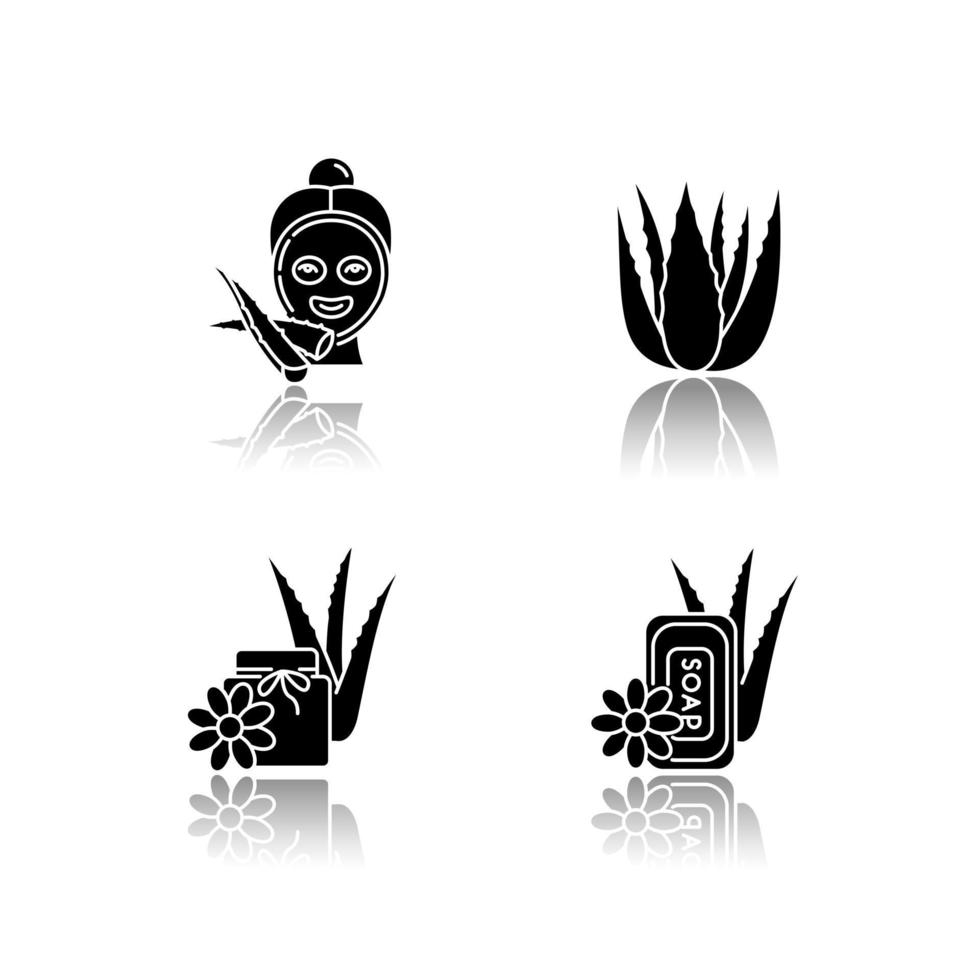 Aloe vera drop shadow black glyph icons set vector