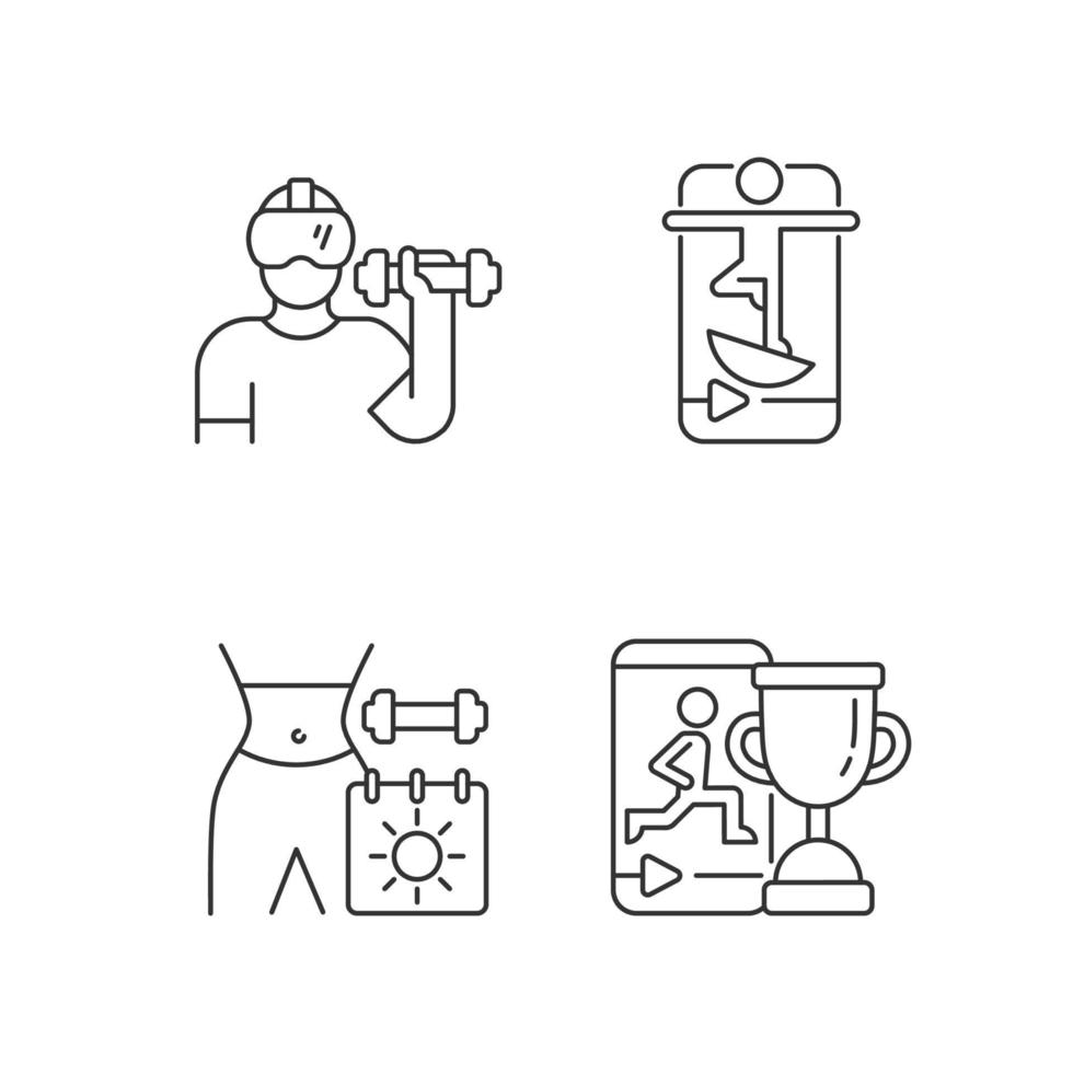 Online fitness marathons and challenges linear icons set. vector