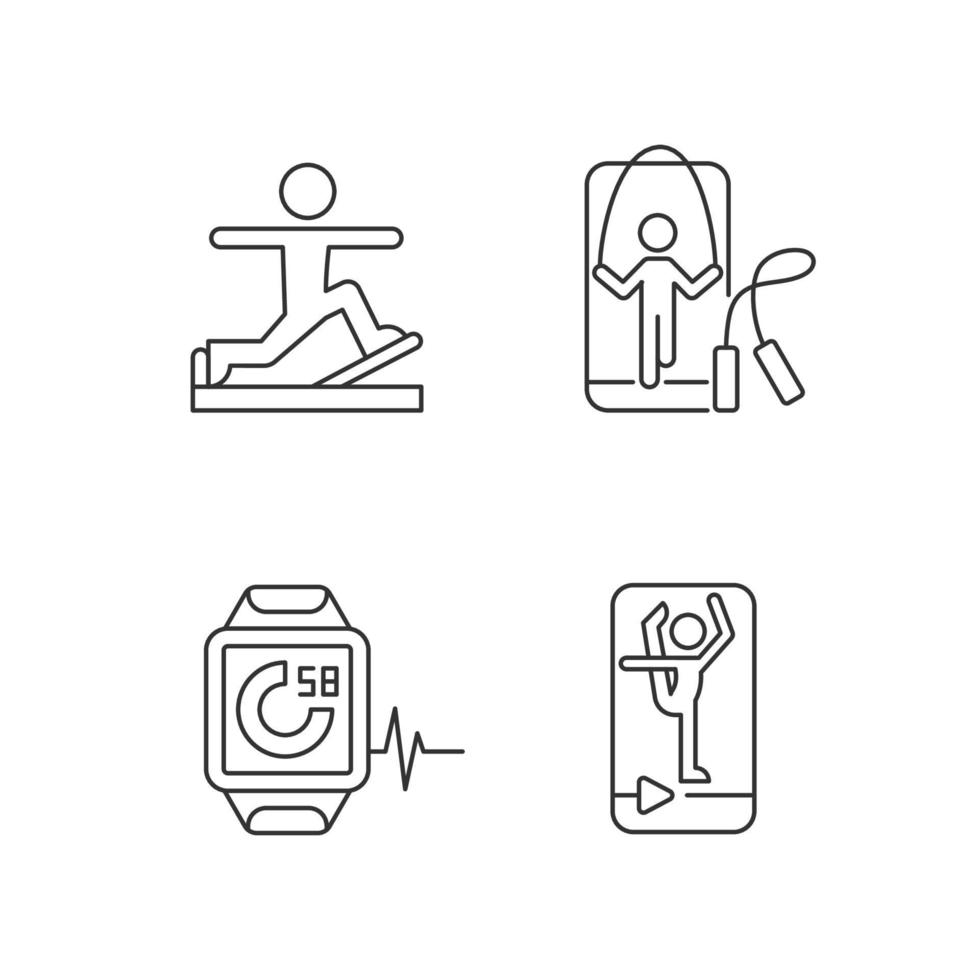 Online fitness gymnastic trends linear icons set. vector