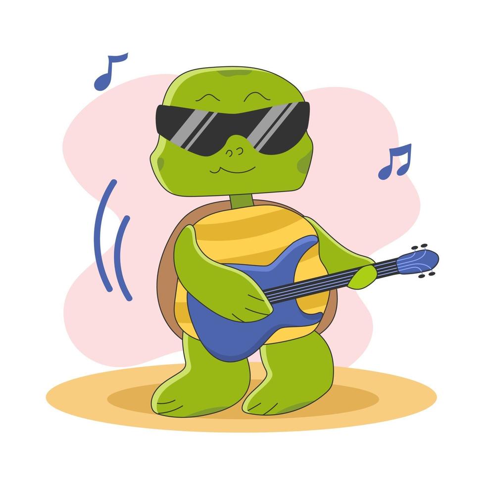 lindo personaje de tortuga con gafas de sol toca la guitarra. vector