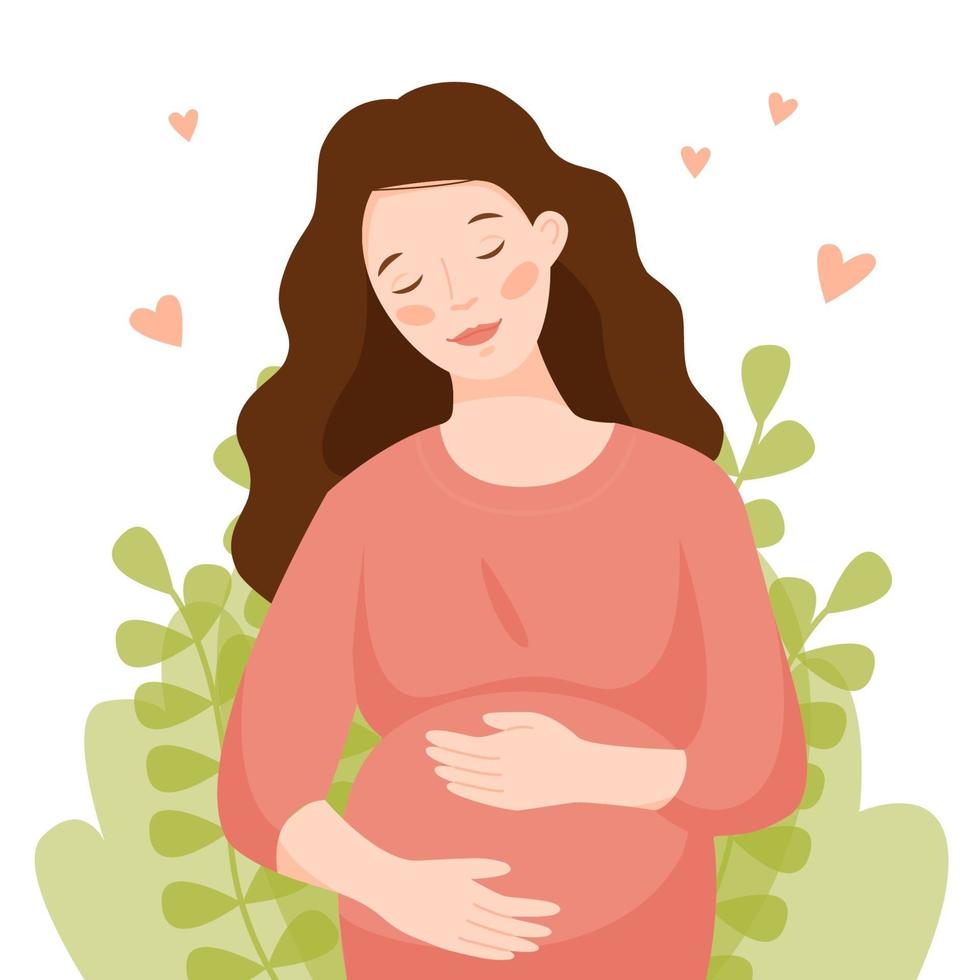 Happy pregnant woman hugs her belly. vector