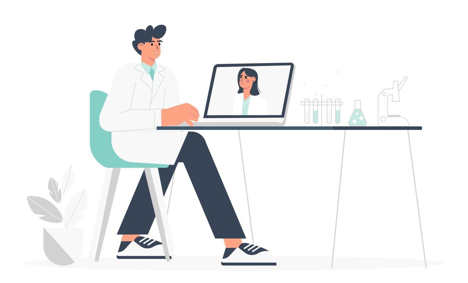 A young man are studying chemistry online on webinar or course vector