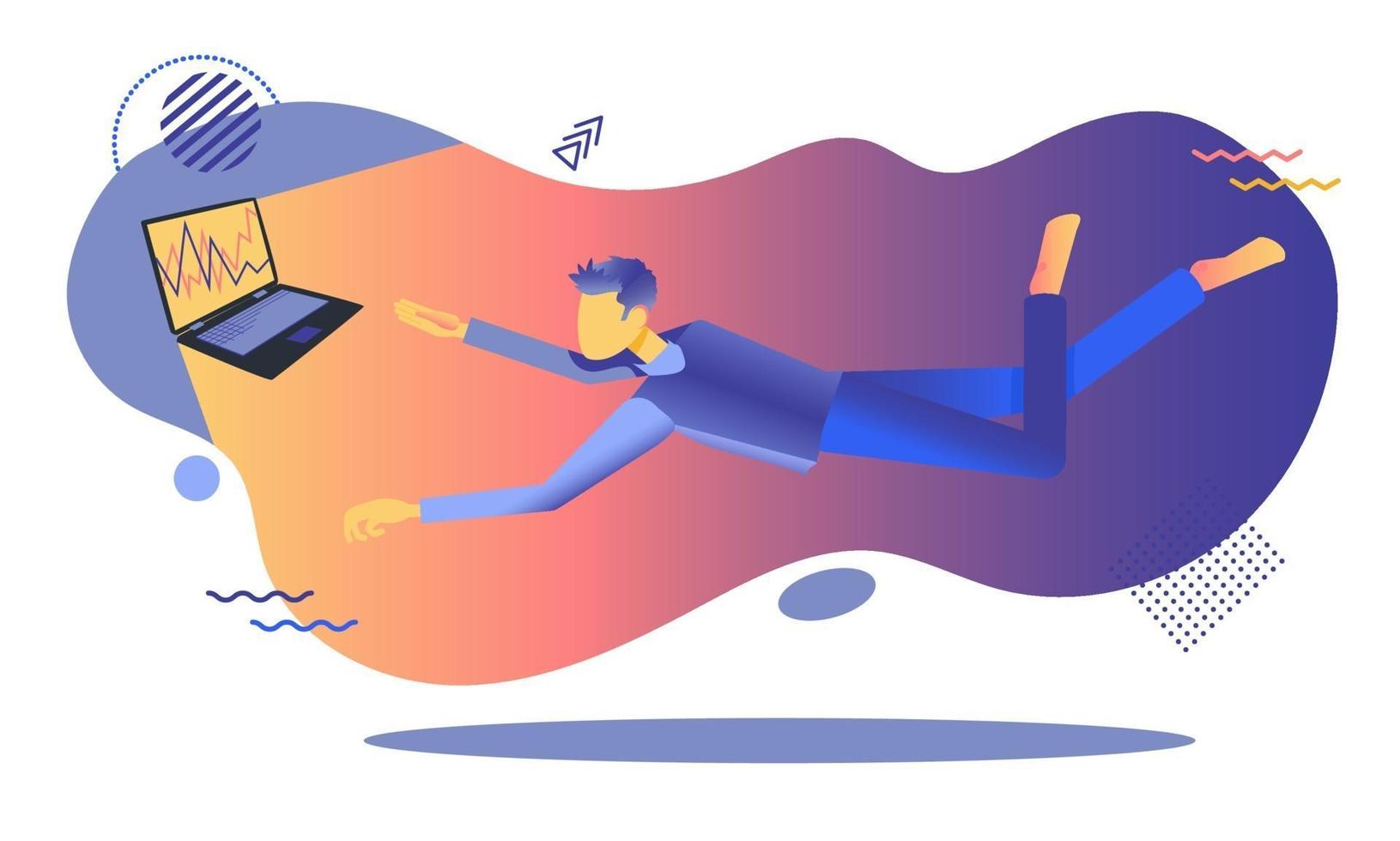 A guy hovering in the air with a laptop. Flat illustration vector