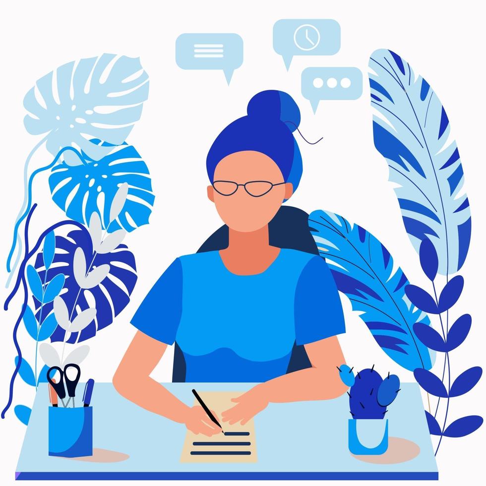 A woman secretary sits at a desk and writes. Work in the office. vector