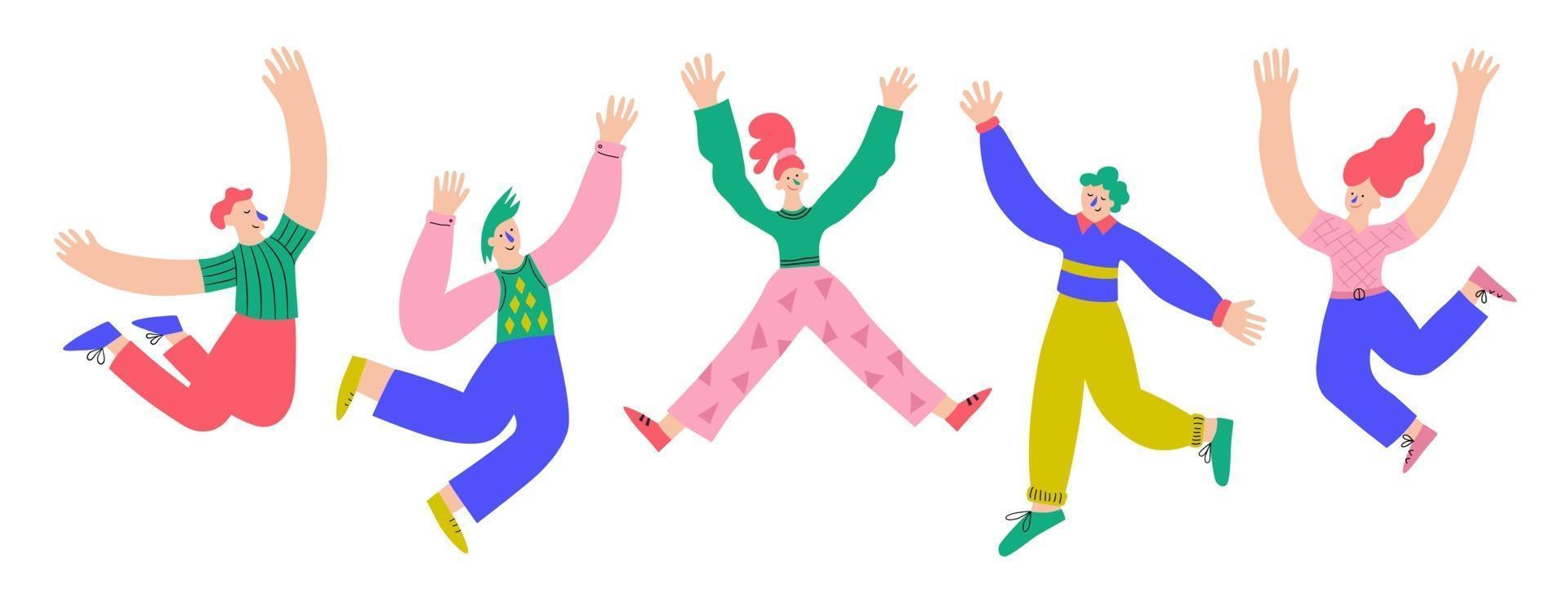 cinco divertidas personas positivas saltando en el aire con las manos levantadas. vector