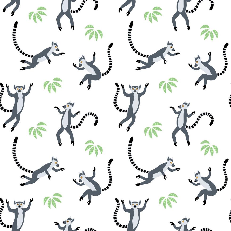 Exotic Madagascan lemurs in the tropics. Vector seamless pattern