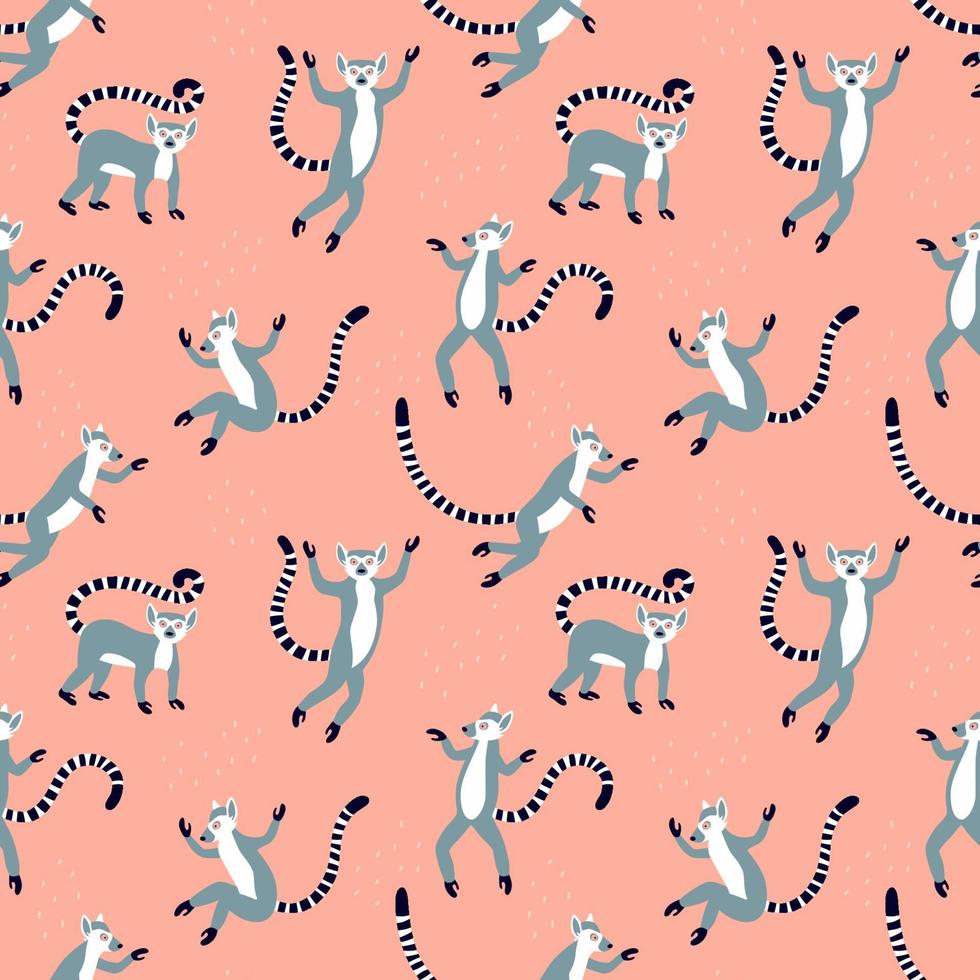 Exotic lemurs with long striped tails. Vector seamless pattern design.