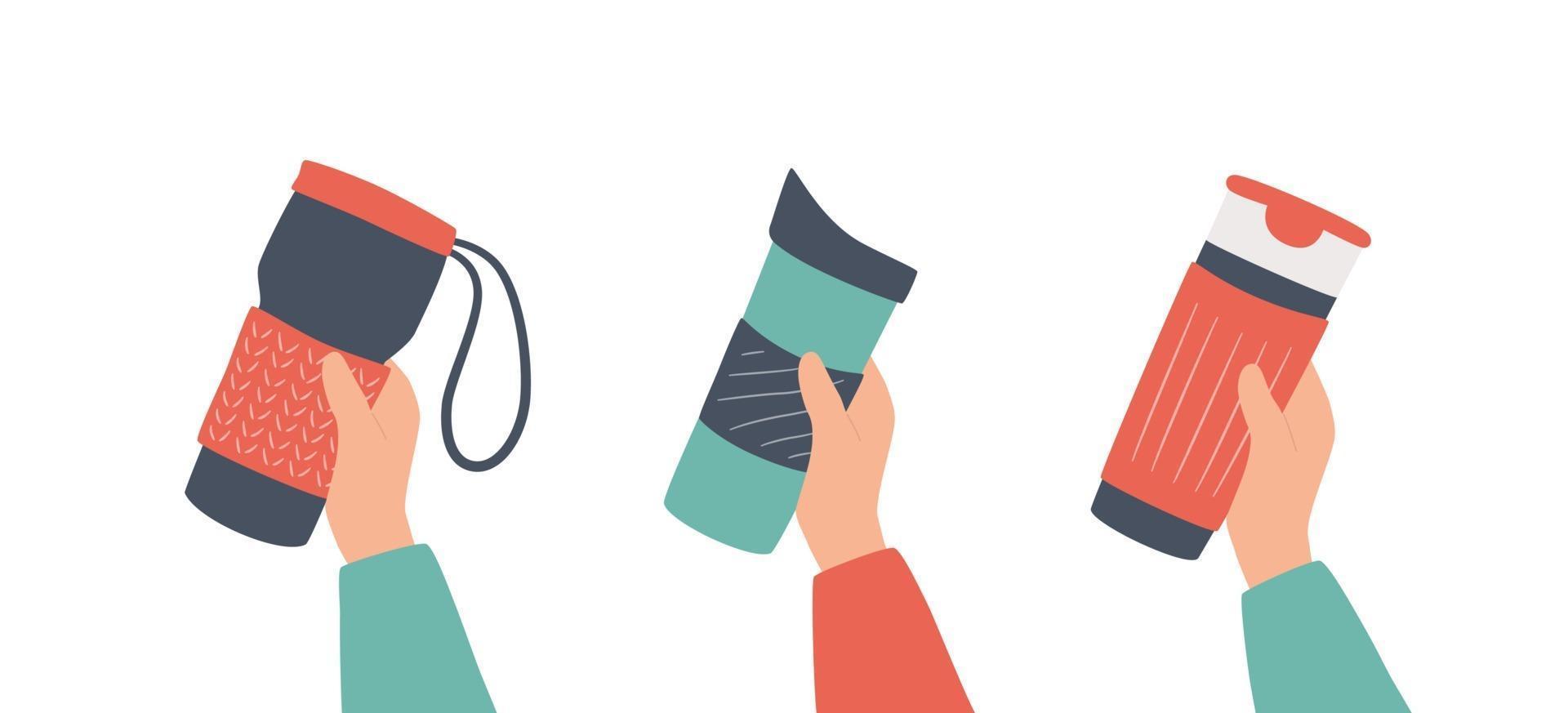 Reusable cups, thermo mug and tumblers for take away hot coffee vector