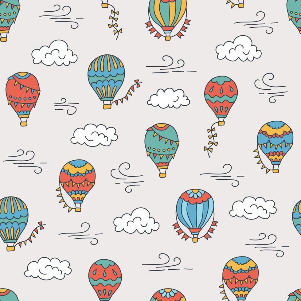 globos de aire caliente y nubes. color dibujado a mano de patrones sin fisuras vector