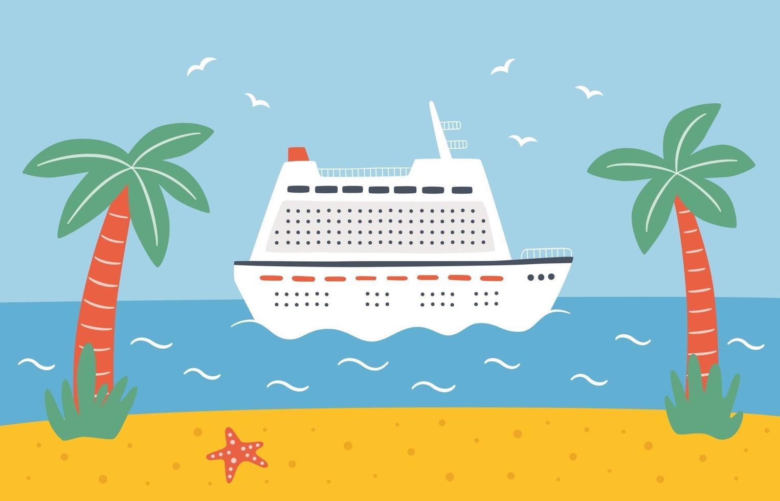 A large cruise ship sails on the sea. Travel on an ocean line vector