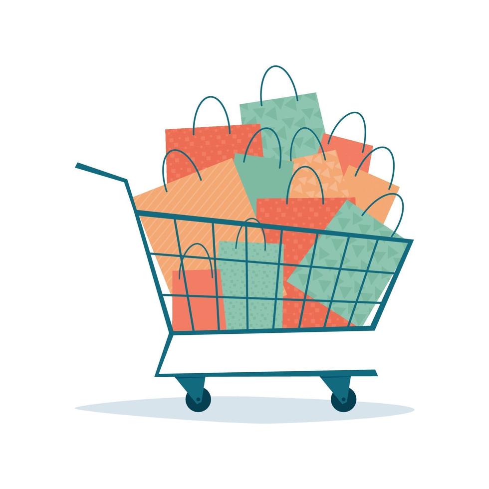 Overflowing shopping cart with paper bags vector