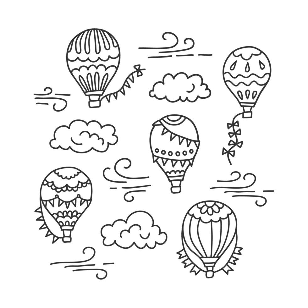 Hot air balloon and clouds. Vector hand drawn doodle illustration