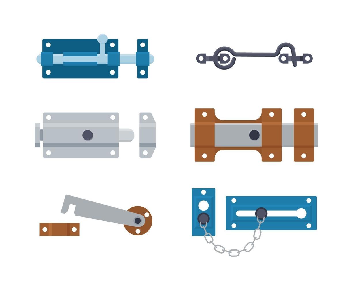 Set of metal gate latchs, door bolts, hooks and chain. Steel hardware vector