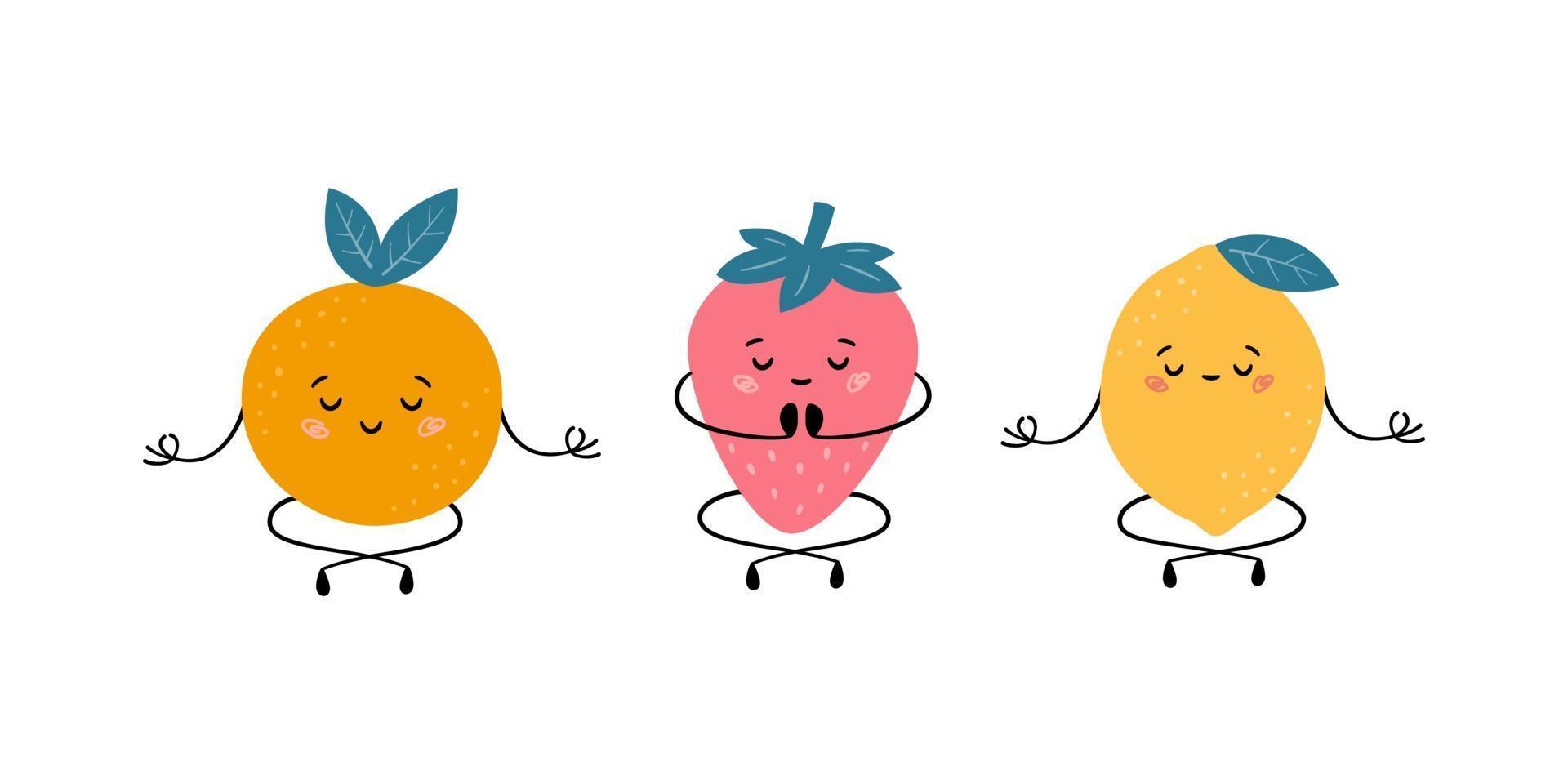 frutas lindas en pose de yoga. naranja, fresa y limón practicando yoga vector