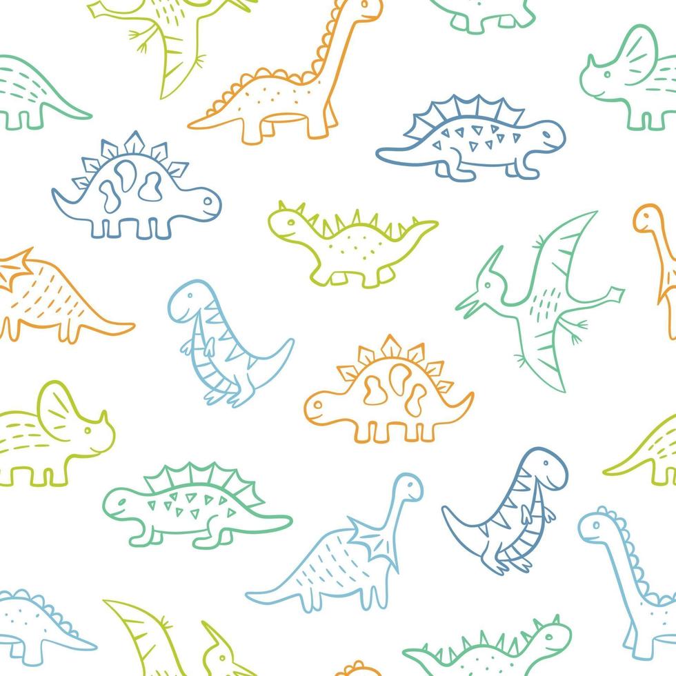 dinosaurios lindos del doodle. Dino colorido de patrones sin fisuras. vector