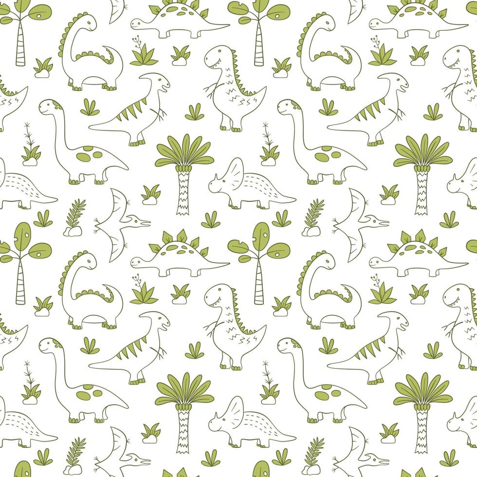 Cute Dinosaurs. Dino seamless pattern in doodle style vector