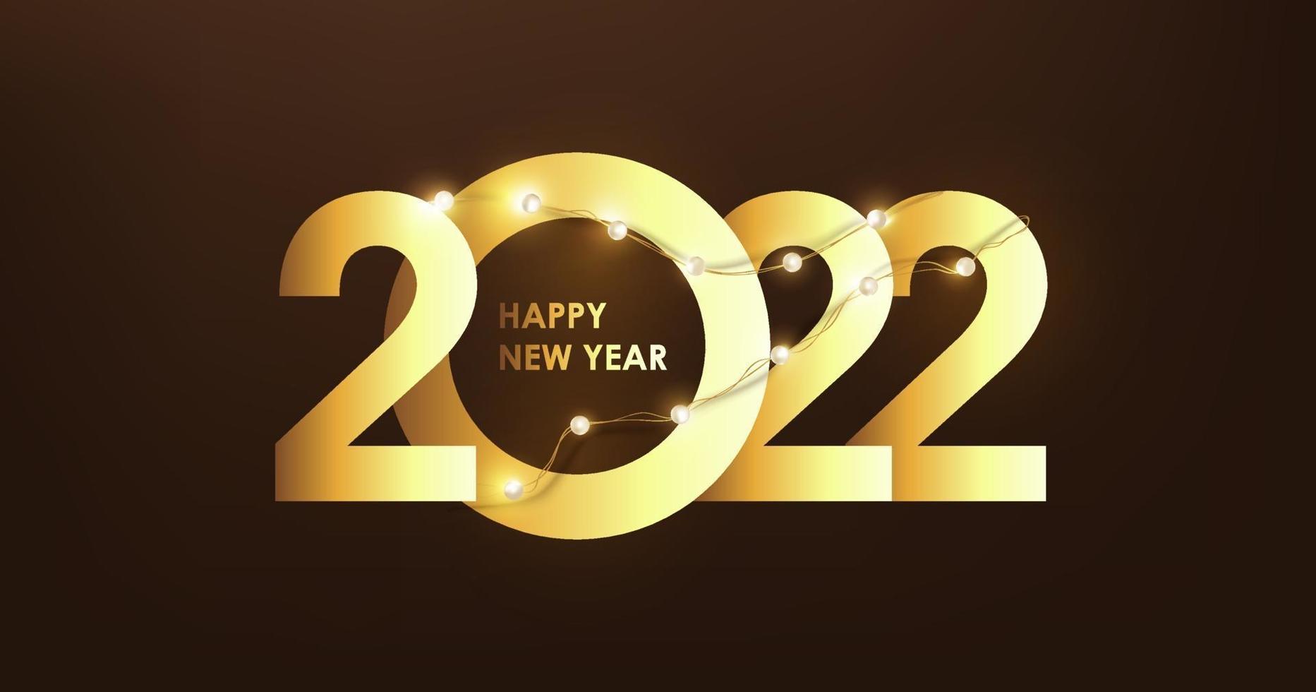 feliz año nuevo 2022 número texto dorado y luces de cadena led vector